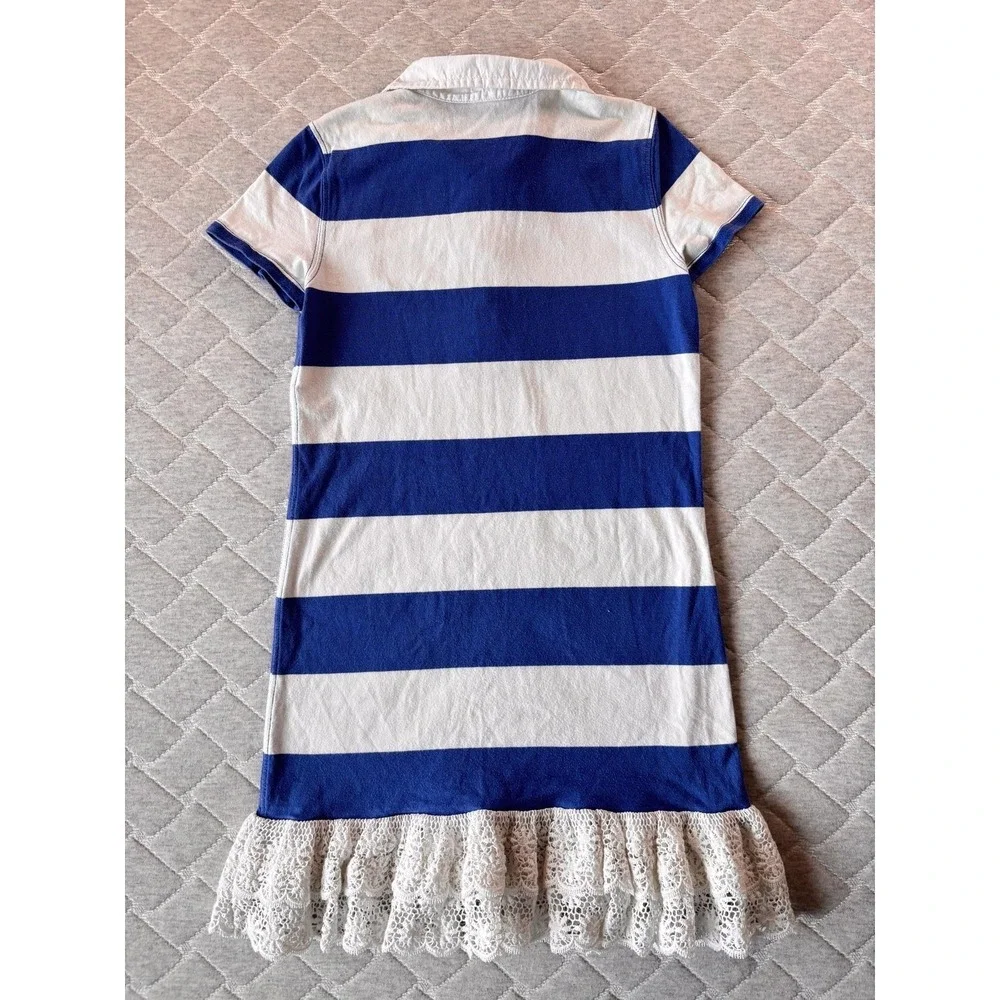 Polo Ralph Lauren Shirt Dress Girls 8-10 Blue White Stripe Lace Ruffle Hem Crest